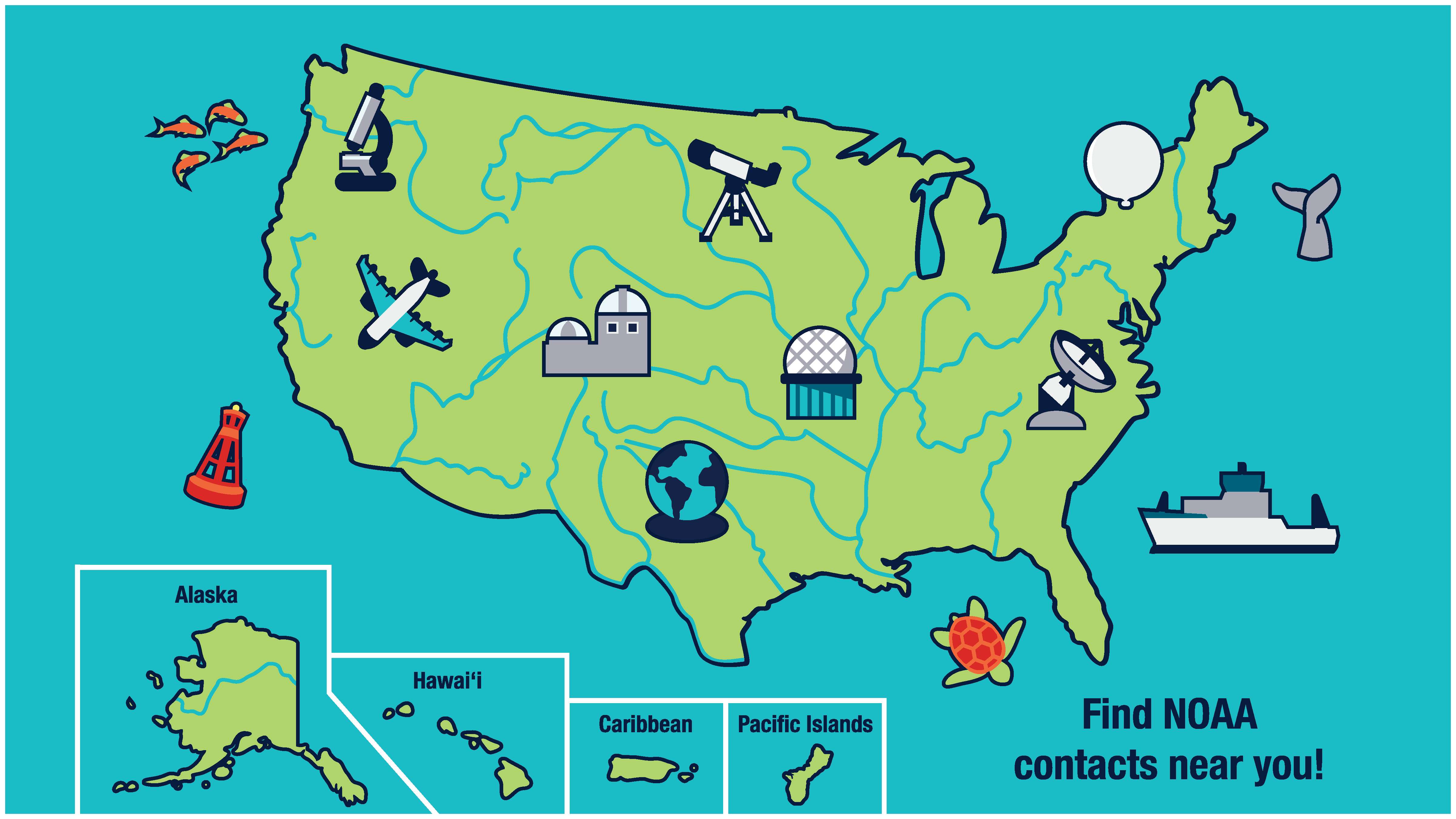 Postcard graphic with map showing NOAA-related icons including satellites, research vessels, fisheries, Science on a Sphere, and more symbolizing NOAA facilities and professional communicators across all 50 United States, Washington, D.C., and the U.S. territories. Find NOAA contacts near you at https://www.noaa.gov/education/noaa-in-your-backyard.