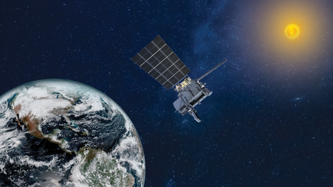 An artist's rendering of the GOES-U satellite in space, with the Earth to its left and the Sun to its right.