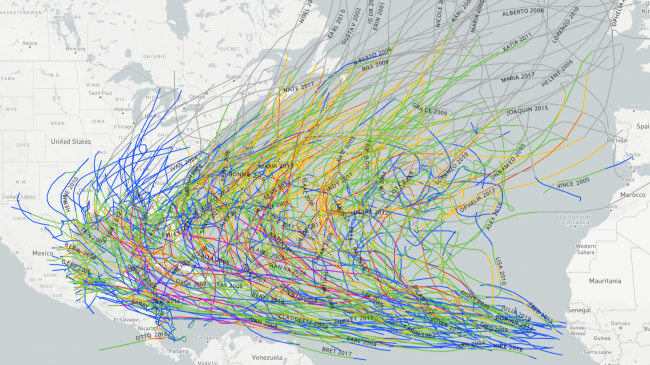A screenshot from the historical hurricane tracks website (https://coast.noaa.gov/hurricanes/) showing hurricanes from the North Atlantic basin from 2000-2019.