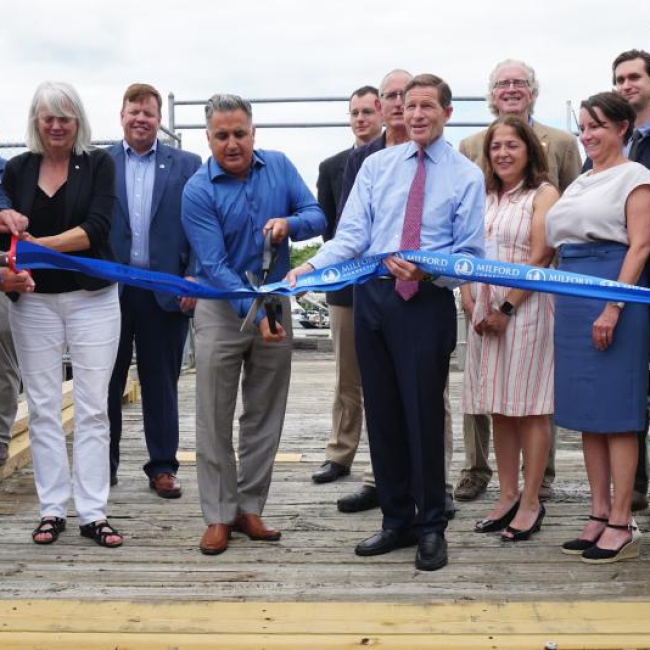 A ribbon cutting ceremony for the new oyster breeding center in Milford, Connecticut on June 24, 2024.